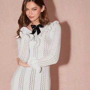 THRILLS & FRILLS Ruffle Trim Pointelle Knit Long Sleeve Dress w/Black Bow S M L